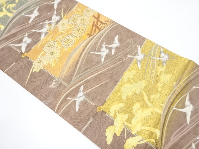 いづくら製　流水に群鶴・菊模様織出し袋帯